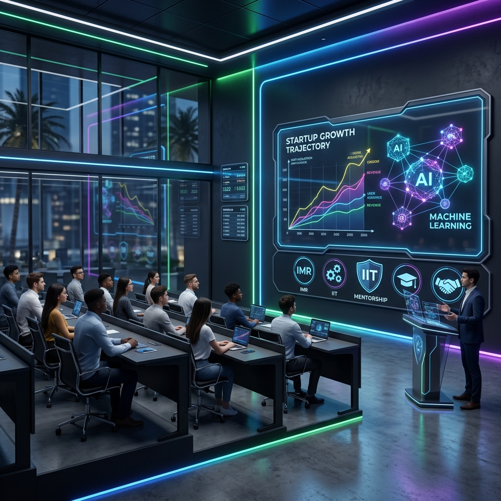 Futuristic classroom with AI networks and presentation graphs